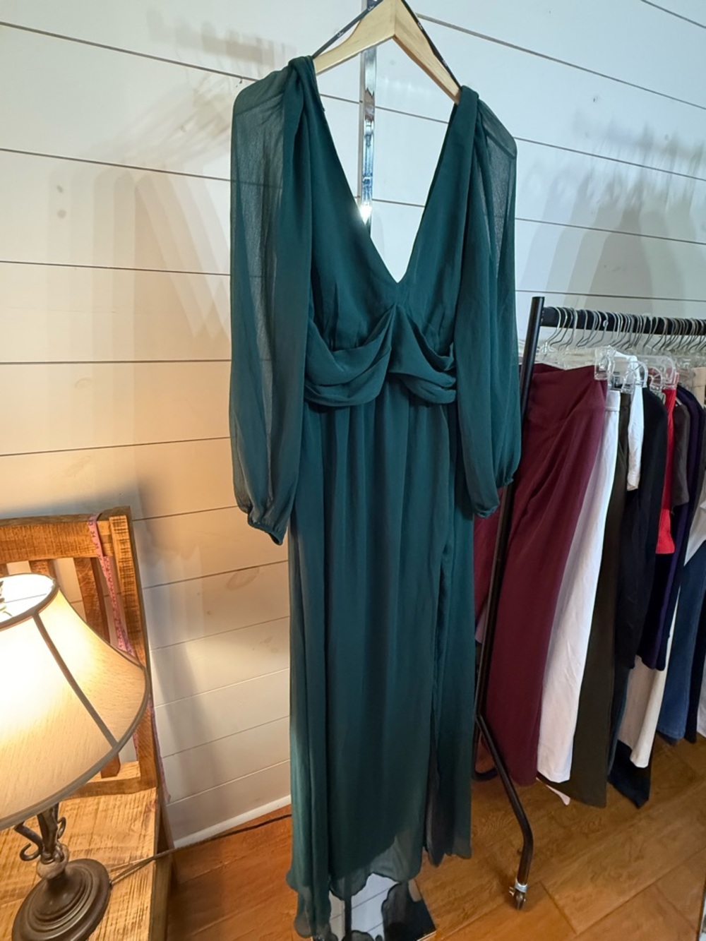 Deep Green Long Sleeve V-Neck Maxi Dress